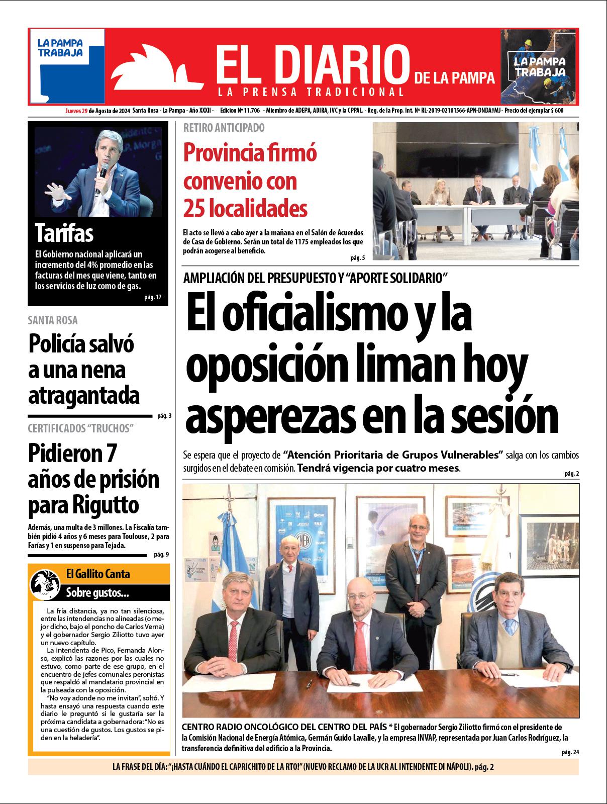 Tapa de El Diario en papel  jueves 29 de agosto de 2024